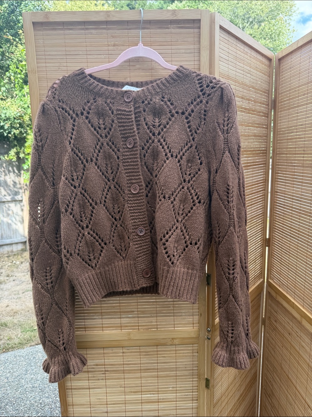 Astr Brown Openwork Knit Button-Front Cardigan
